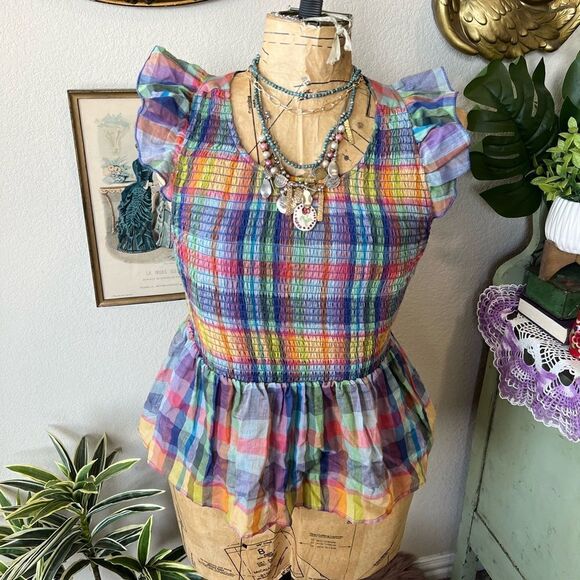 Mi Ami Colorful Plaid Preppy Peplum Smocked Ruffle Flutter Sleeve Blouse Sz XS - Picture 3 of 11